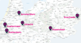 De kaart van Nederland waarop de vijf vestigingen van het HIN zijn weergegeven. 